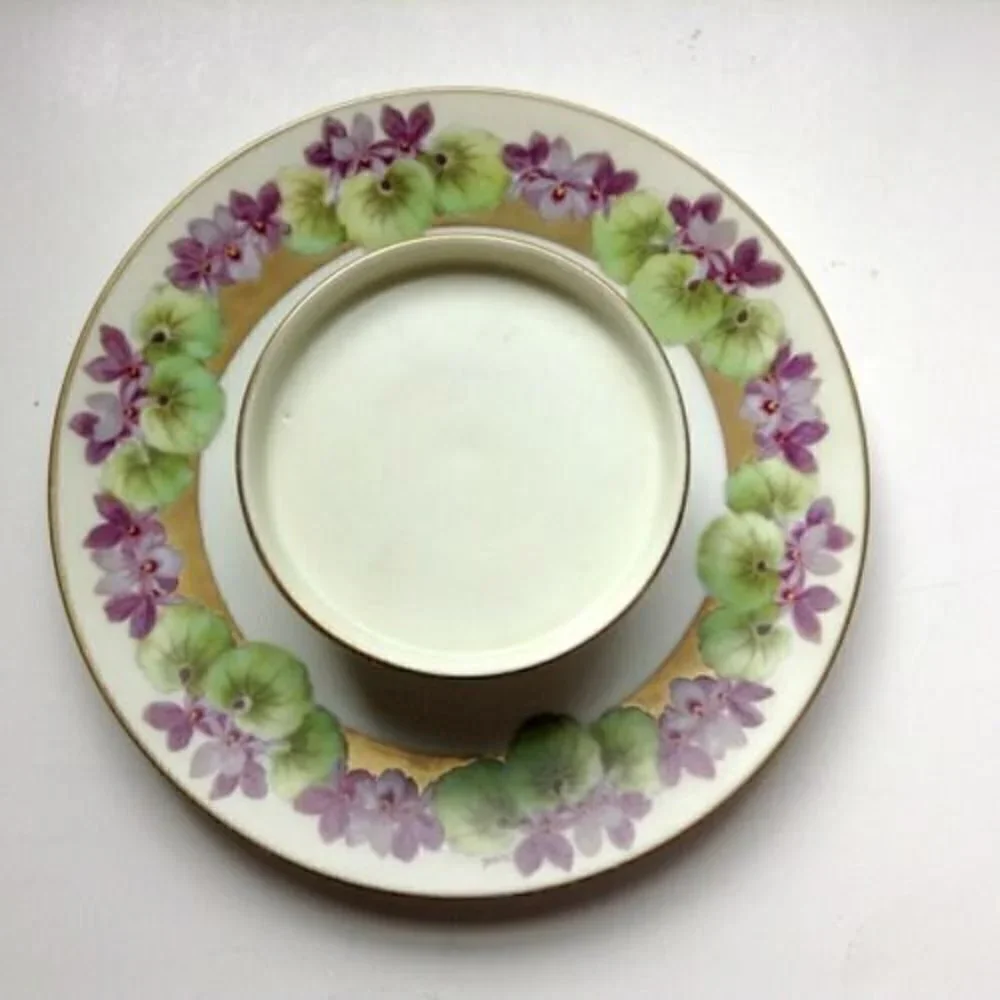 Bavaria Two Tiered Serving Plate Hand Painted Artist Signed Violets Gold Trim
